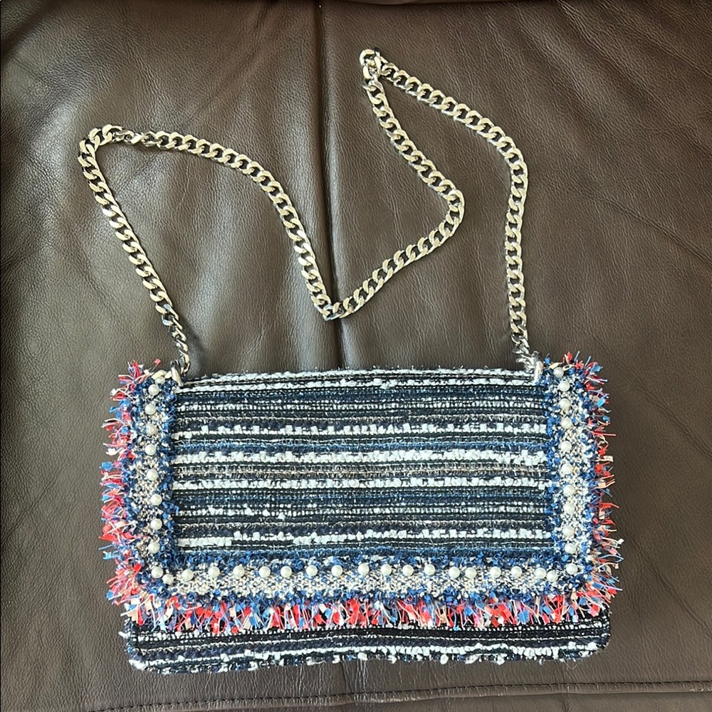 Zara Navy, White & Red Tweed Chain Shoulder Bag